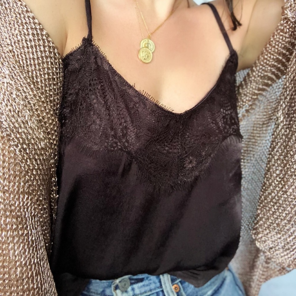 🆕Coralee Chocolate Brown Satin & Lace Cami Top - Picture 6 of 8